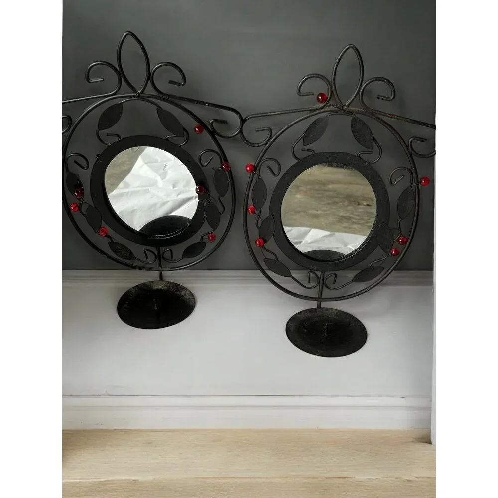Ornate Black Wrought Iron Wall Sconces With Mirror & Candle Holder Set Of 2